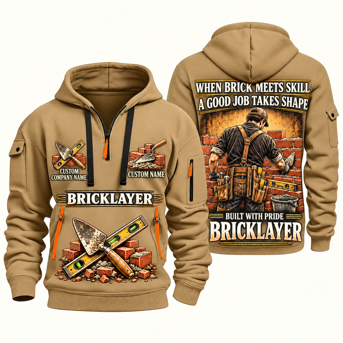 Bricklayer Built with Pride Quarter Zip Hoodie Khaki front and back