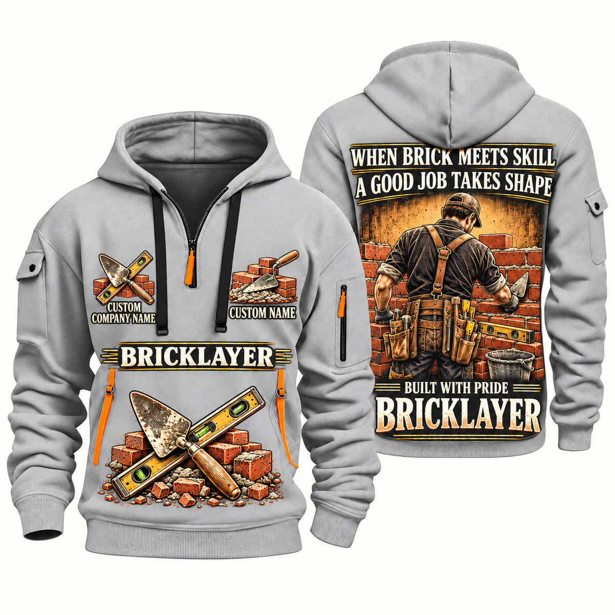 Bricklayer Built with Pride Quarter Zip Hoodie Light Grey front and back