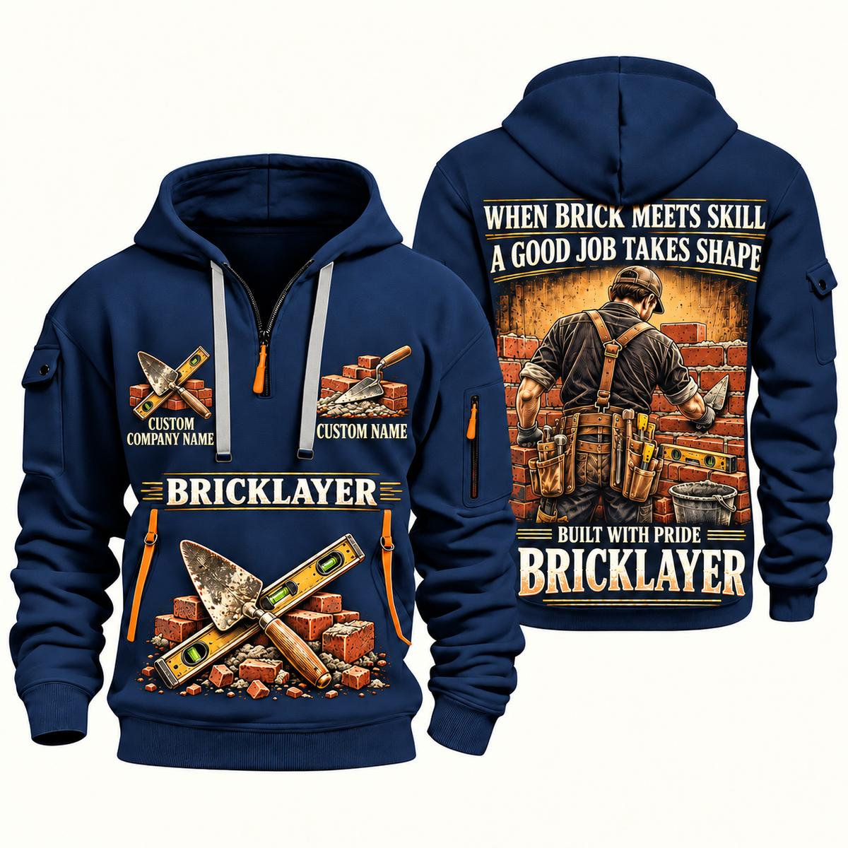 Bricklayer Built with Pride Quarter Zip Hoodie Navy front and back