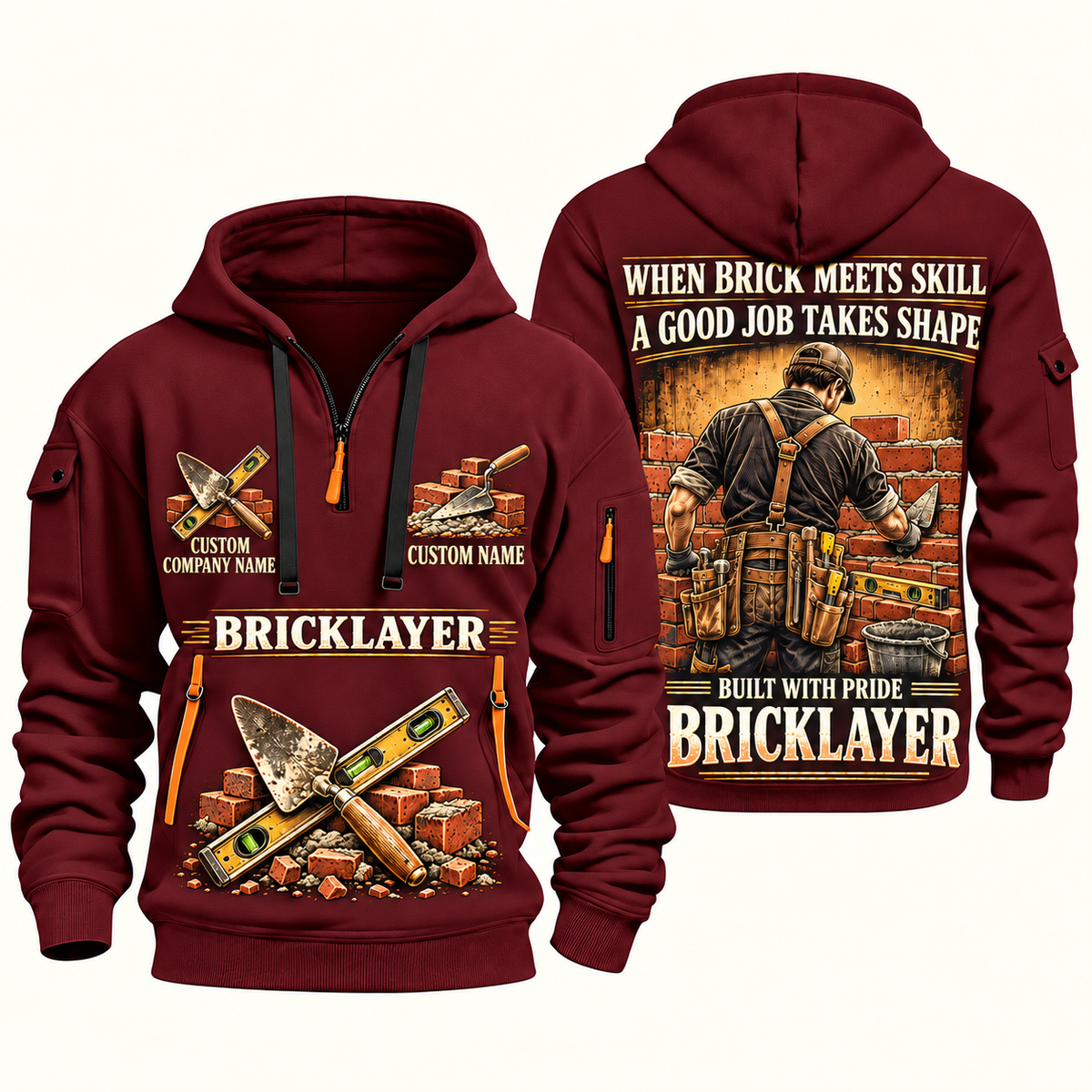Bricklayer Built with Pride Quarter Zip Hoodie Wine Red front and back