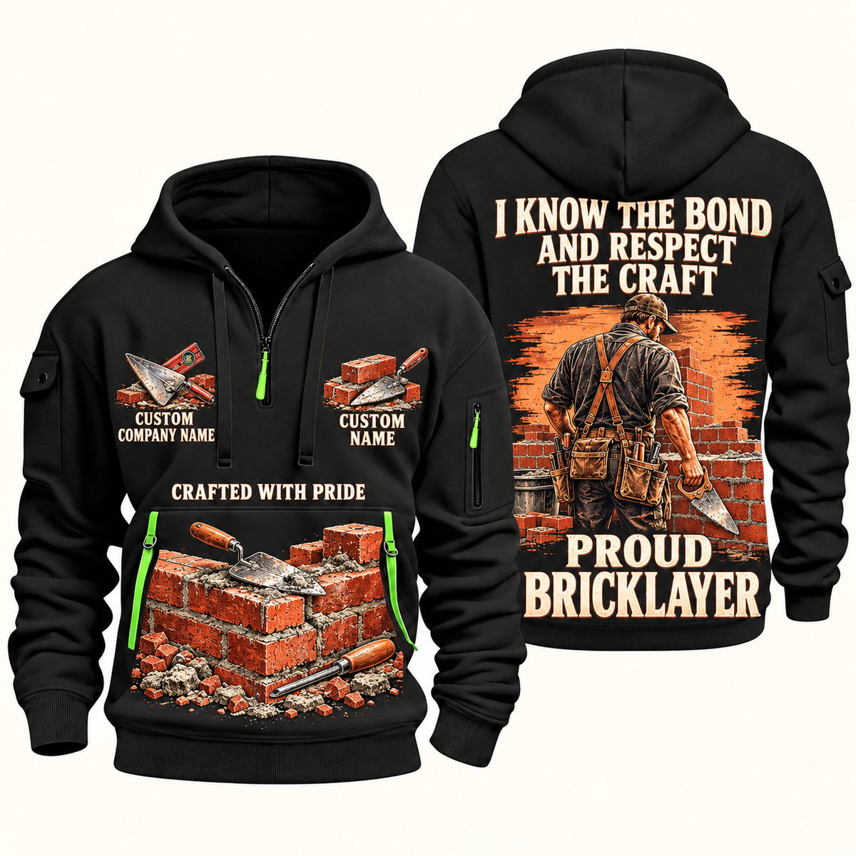 Bricklayer Respect the Craft Quarter Zip Hoodie Black front and back