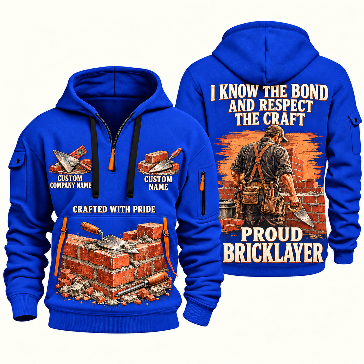 Bricklayer Respect the Craft Quarter Zip Hoodie Blue front and back