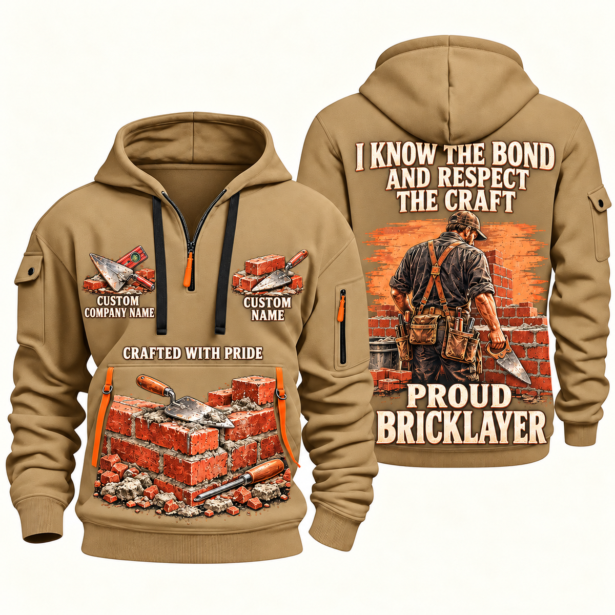 Bricklayer Respect the Craft Quarter Zip Hoodie Khaki front and back