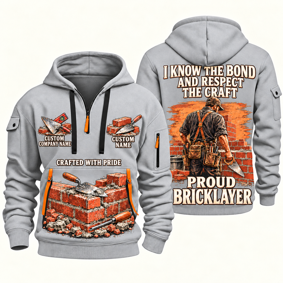 Bricklayer Respect the Craft Quarter Zip Hoodie Light Grey front and back