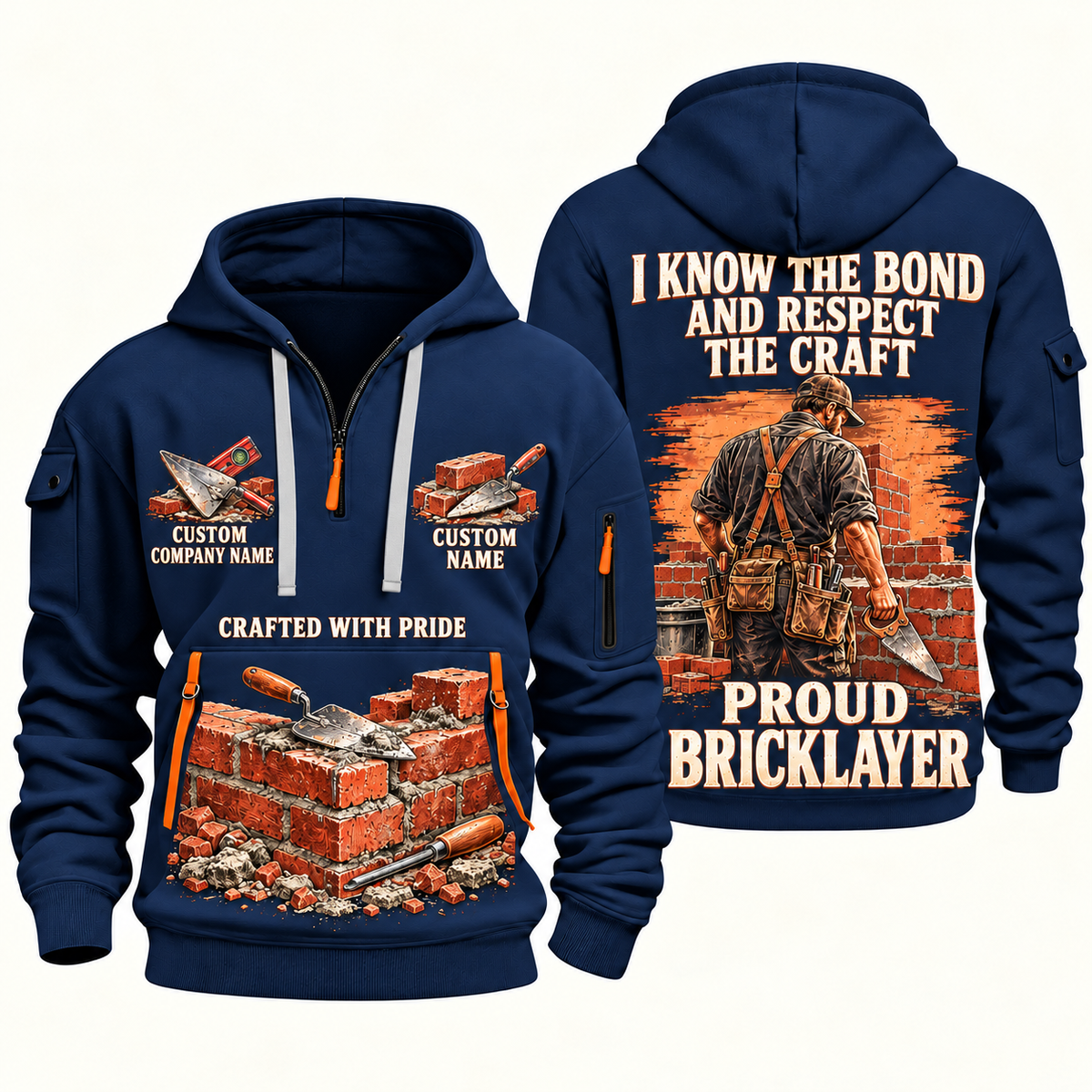 Bricklayer Respect the Craft Quarter Zip Hoodie Navy front and back