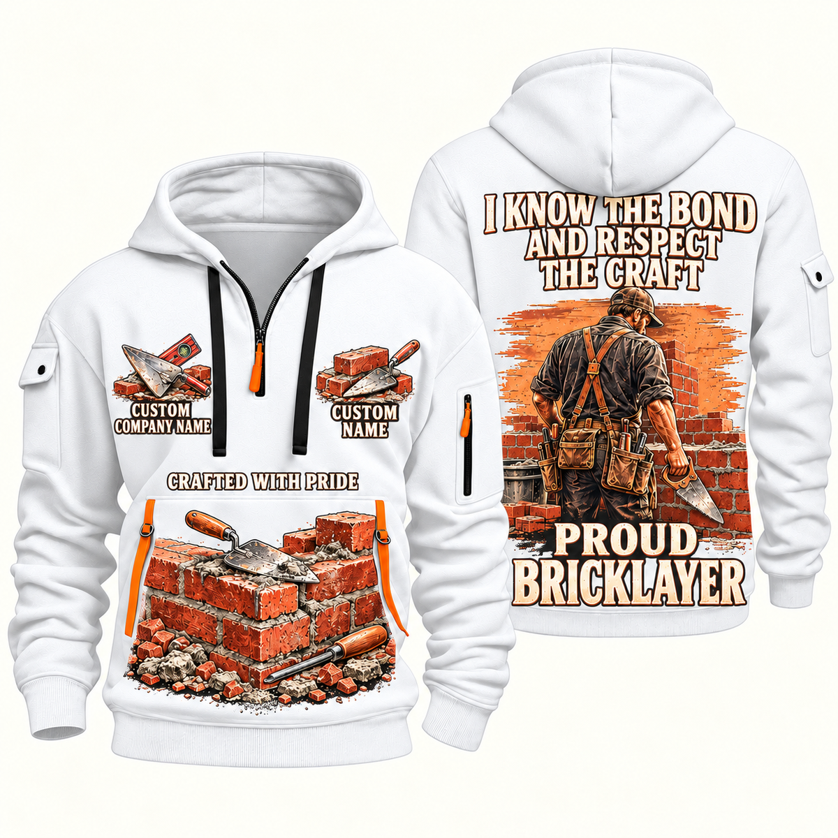 Bricklayer Respect the Craft Quarter Zip Hoodie White front and back