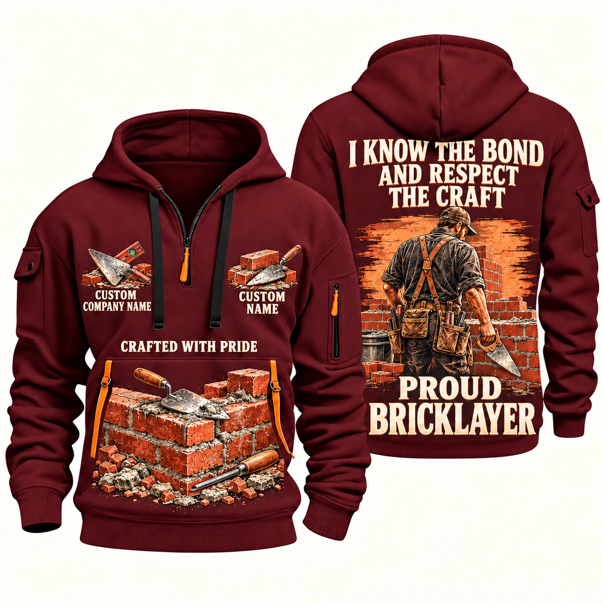 Bricklayer Respect the Craft Quarter Zip Hoodie Wine Red front and back