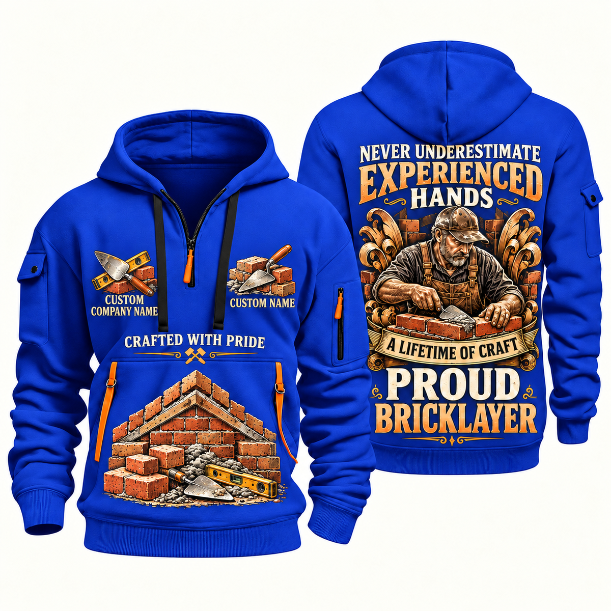 Bricklayer Experienced Hands Quarter Zip Hoodie Blue front and back