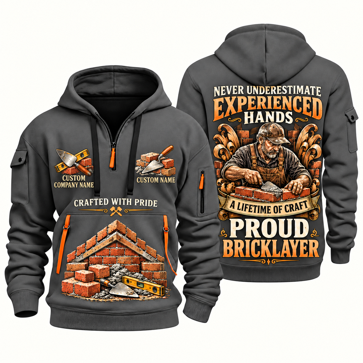 Bricklayer Experienced Hands Quarter Zip Hoodie Gray front and back