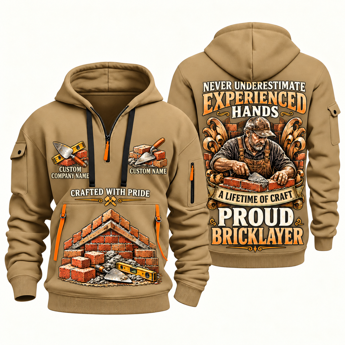 Bricklayer Experienced Hands Quarter Zip Hoodie Khaki front and back