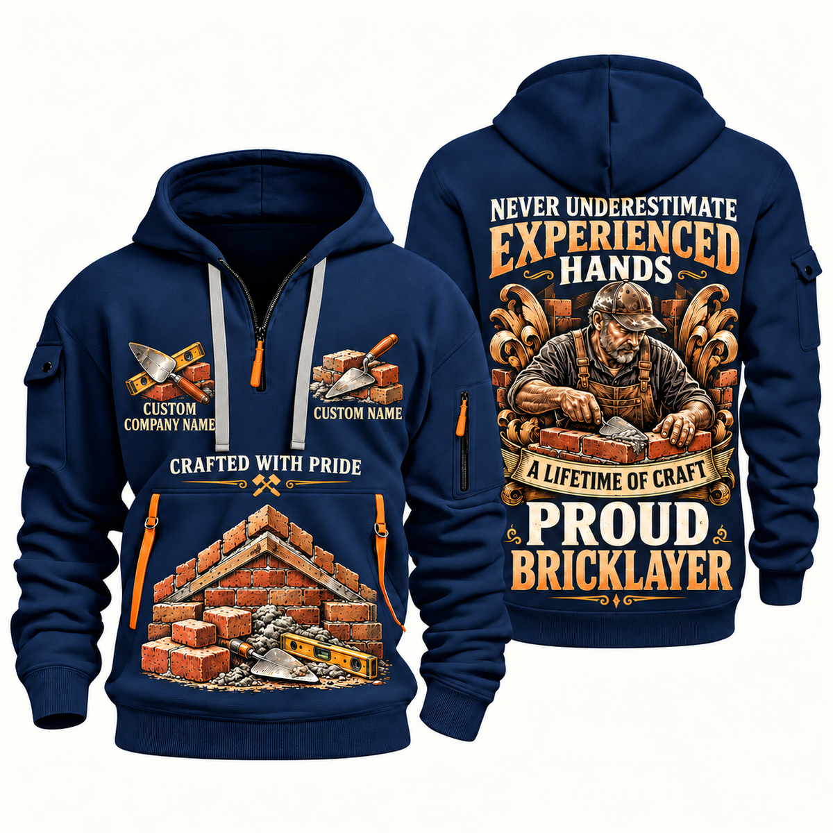 Bricklayer Experienced Hands Quarter Zip Hoodie Navy front and back