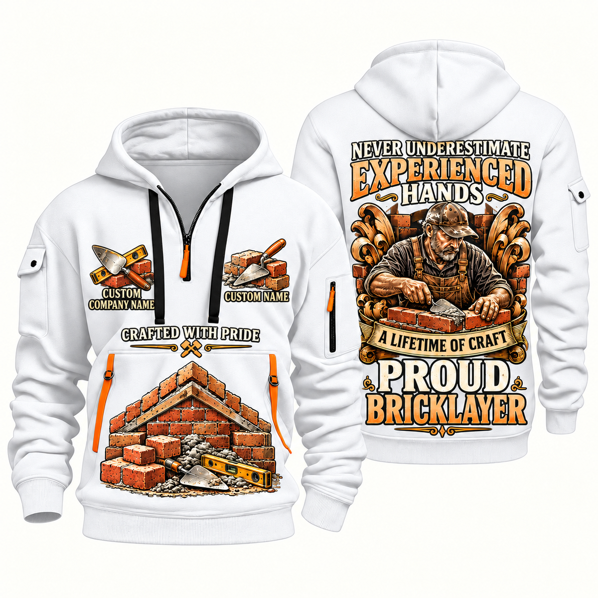 Bricklayer Experienced Hands Quarter Zip Hoodie White front and back
