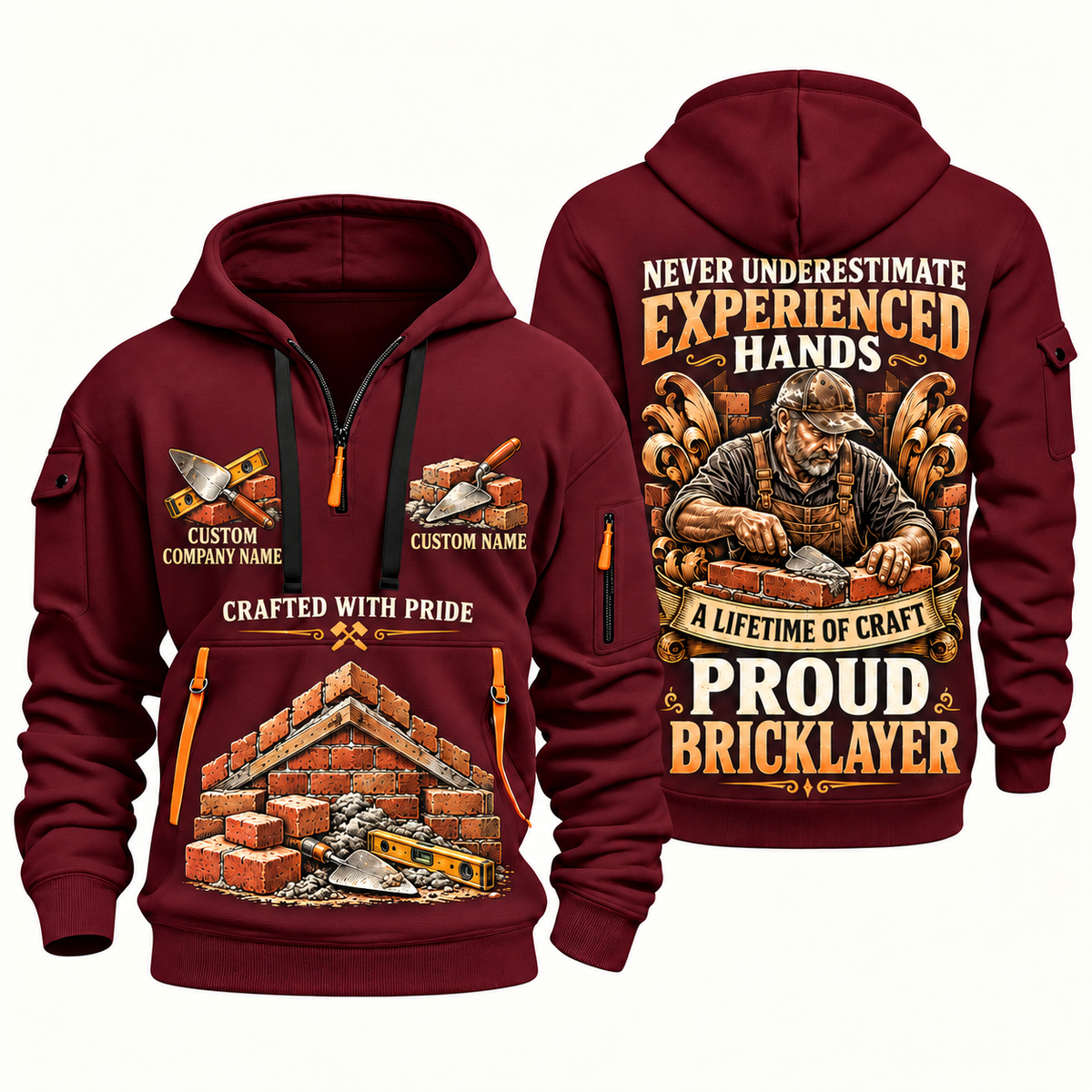 Bricklayer Experienced Hands Quarter Zip Hoodie Wine Red front and back
