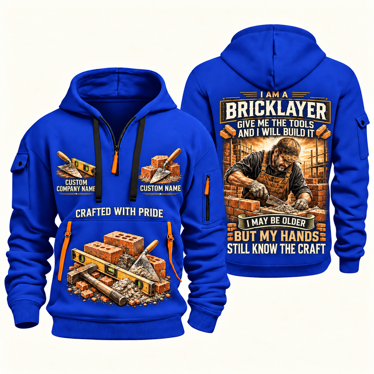 Bricklayer Skills Remain Quarter Zip Hoodie Blue front and back