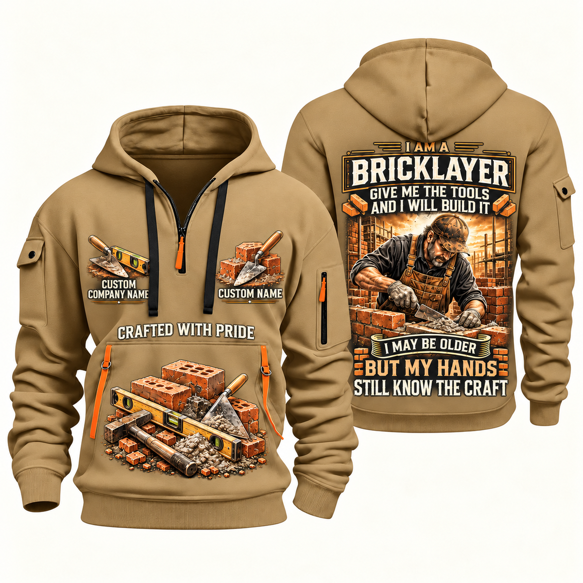Bricklayer Skills Remain Quarter Zip Hoodie Khaki front and back