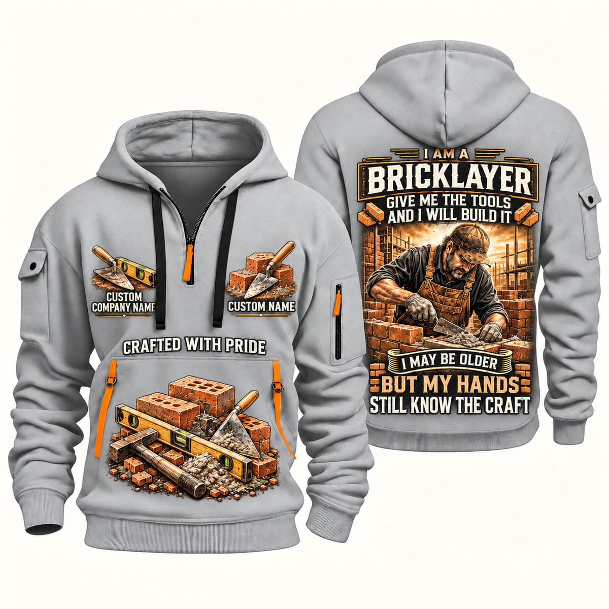 Bricklayer Skills Remain Quarter Zip Hoodie Light Grey front and back