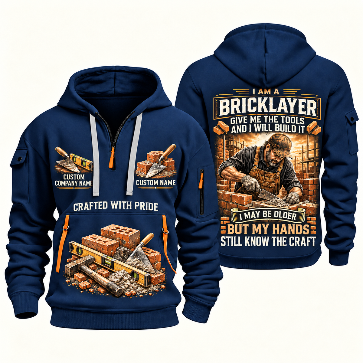 Bricklayer Skills Remain Quarter Zip Hoodie Navy front and back