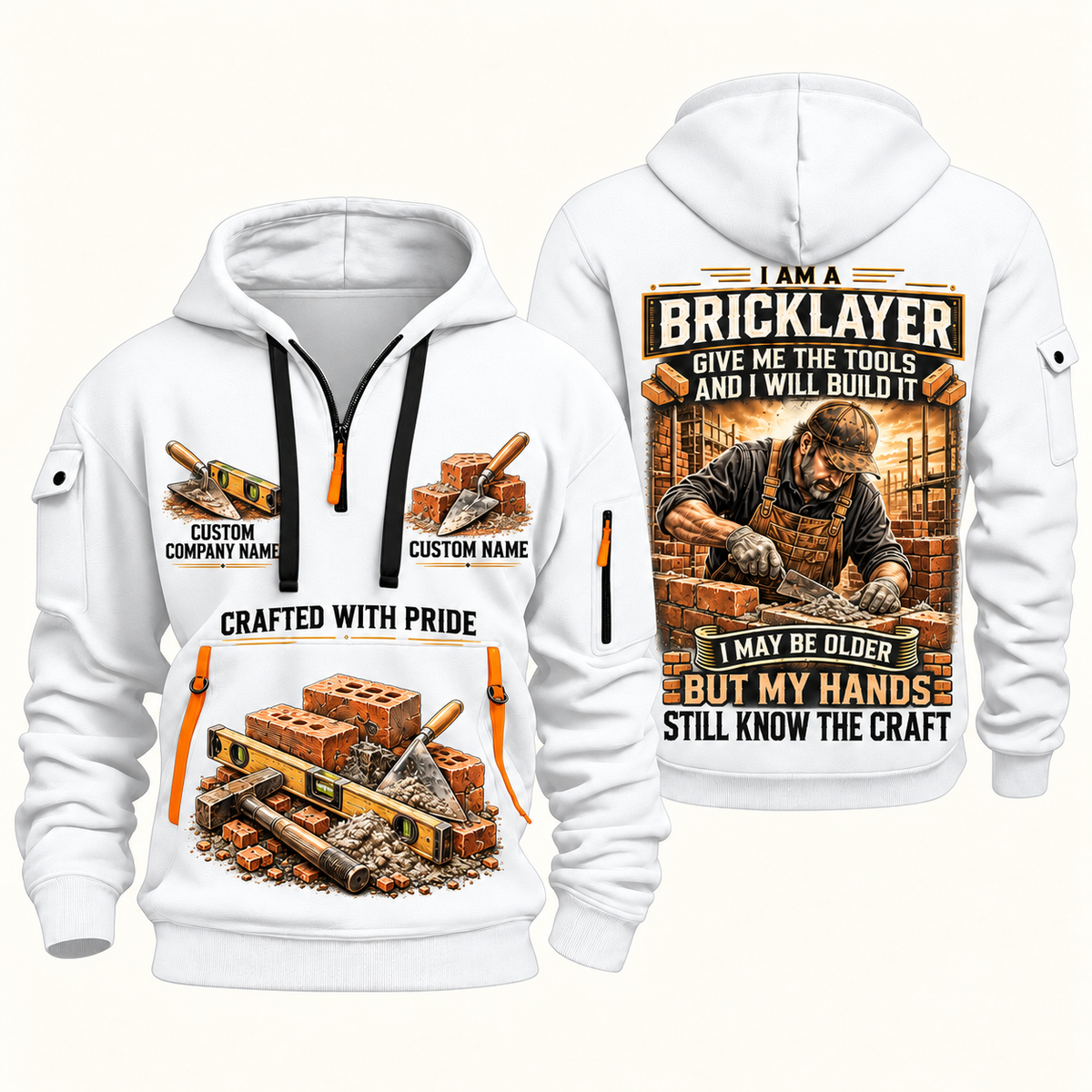 Bricklayer Skills Remain Quarter Zip Hoodie White front and back