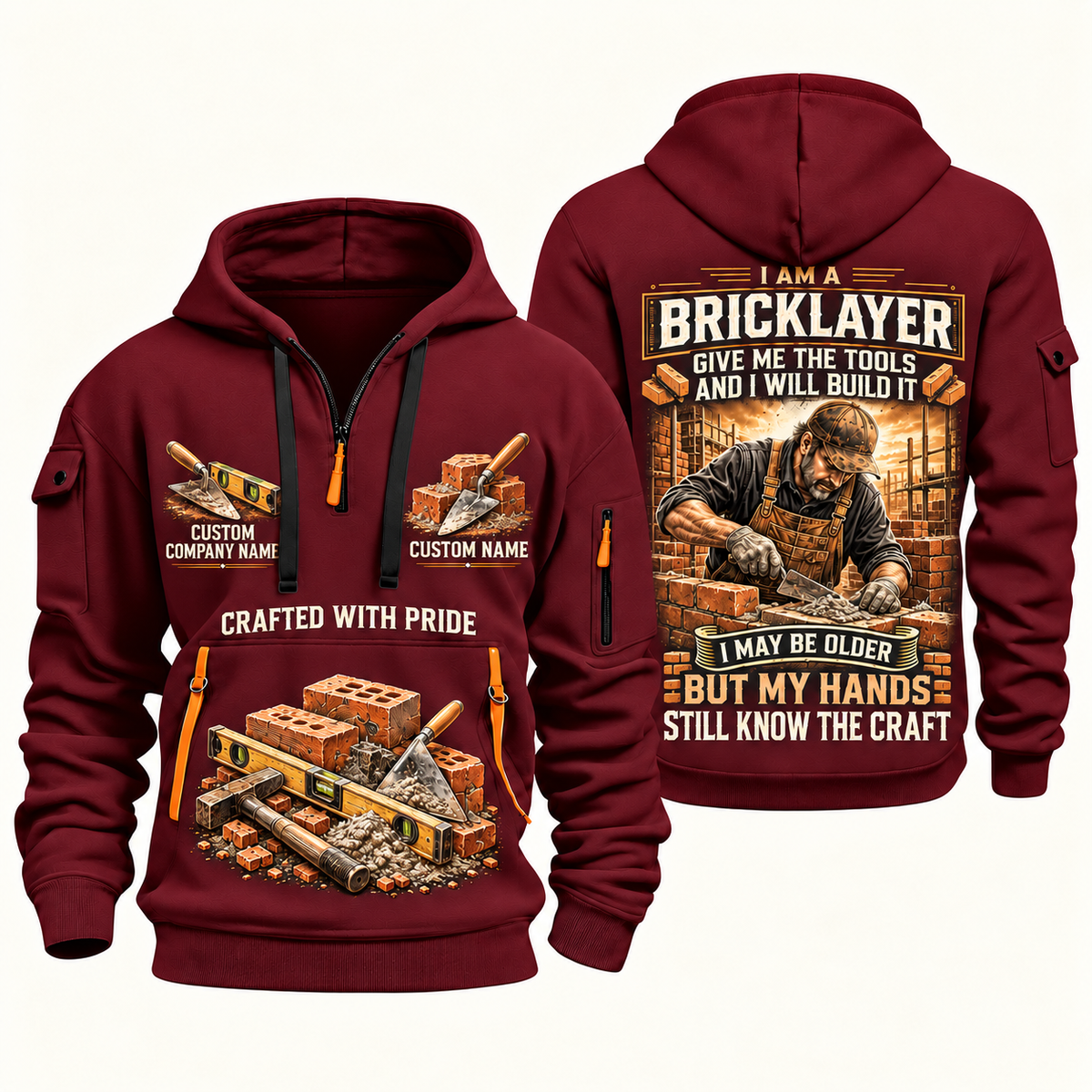 Bricklayer Skills Remain Quarter Zip Hoodie Wine Red front and back