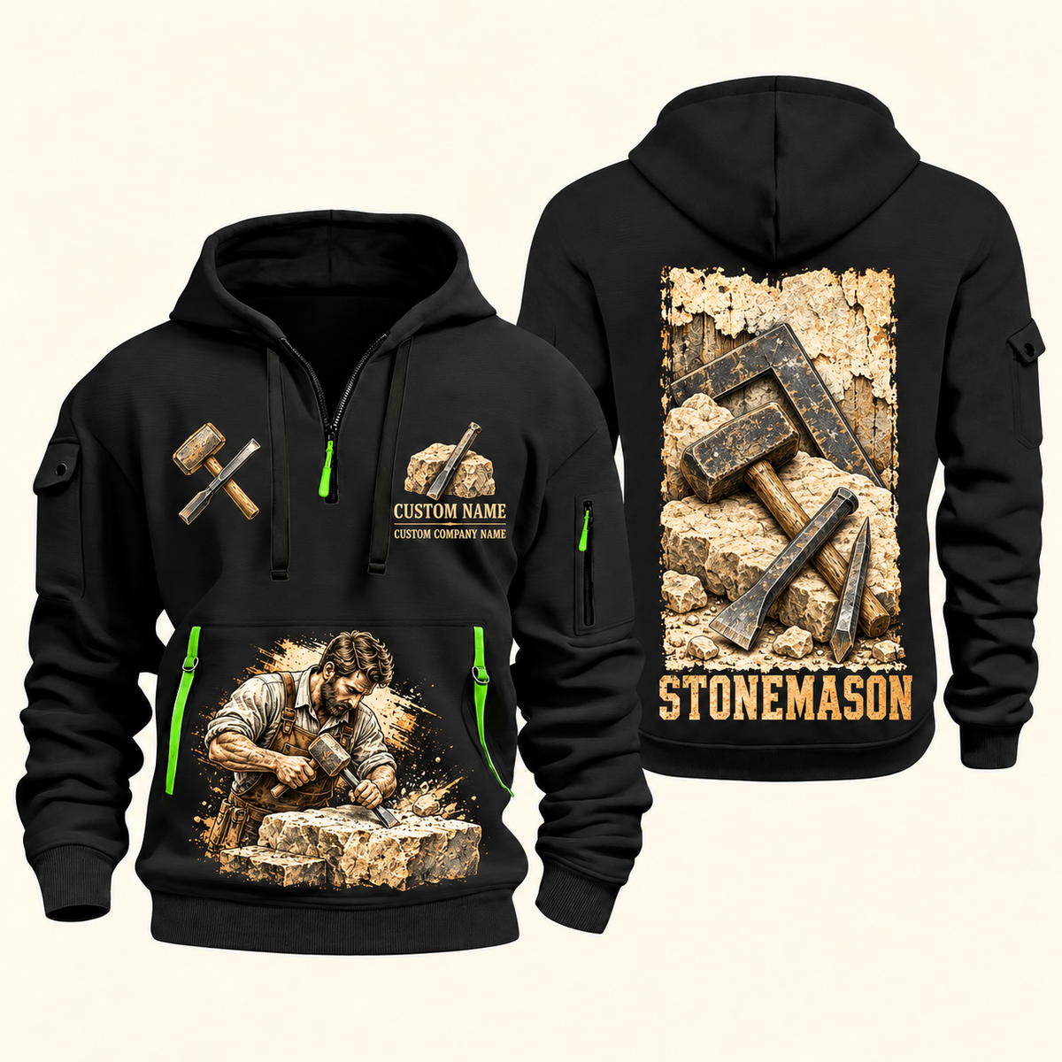 Stonemason Masonry Tools Quarter Zip Hoodie Black front and back