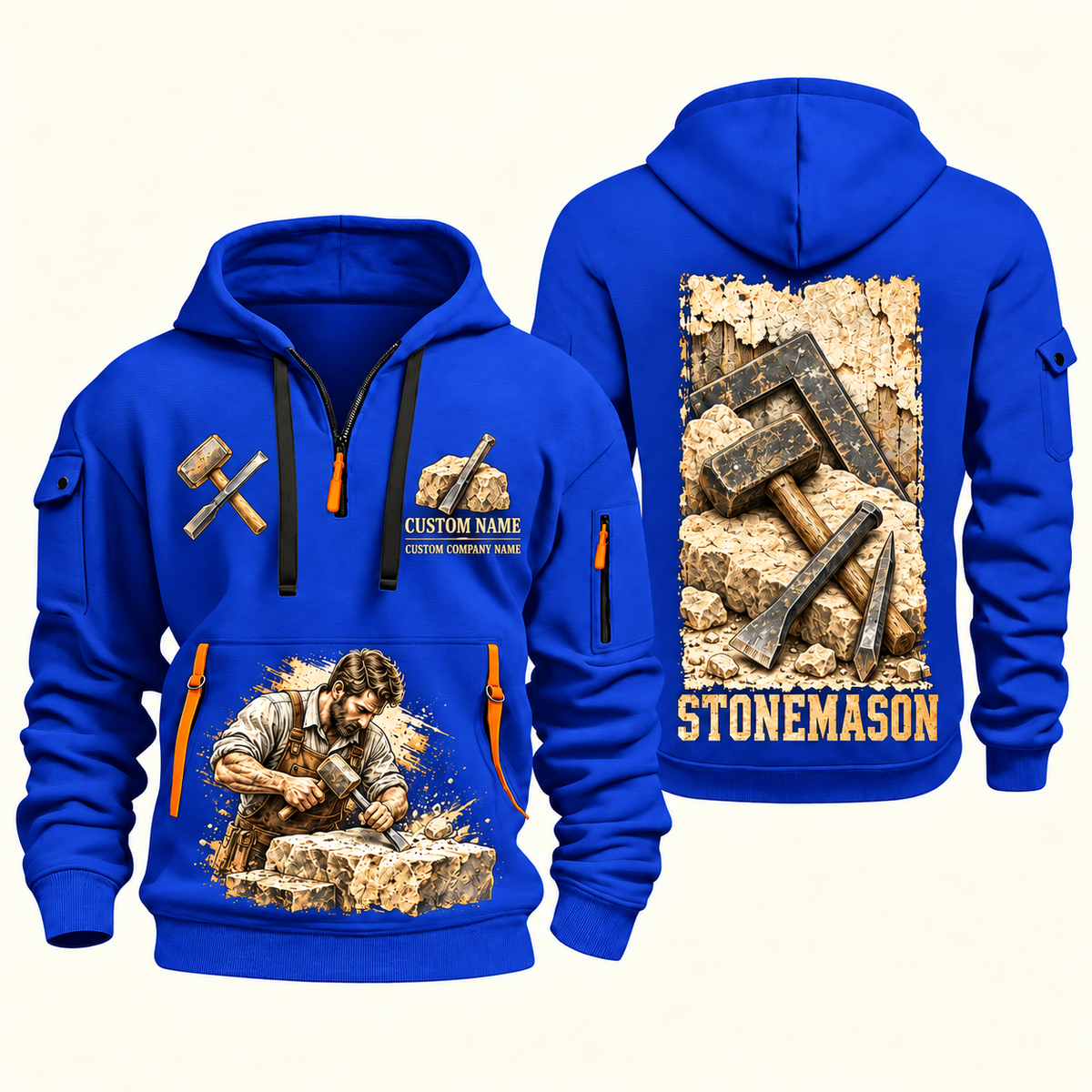 Stonemason Masonry Tools Quarter Zip Hoodie Blue front and back