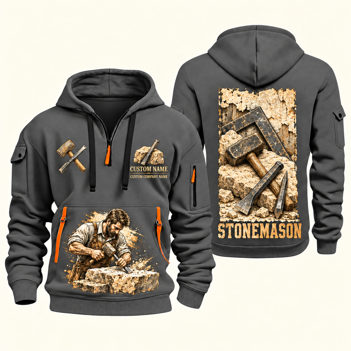 Stonemason Masonry Tools Quarter Zip Hoodie Gray front and back