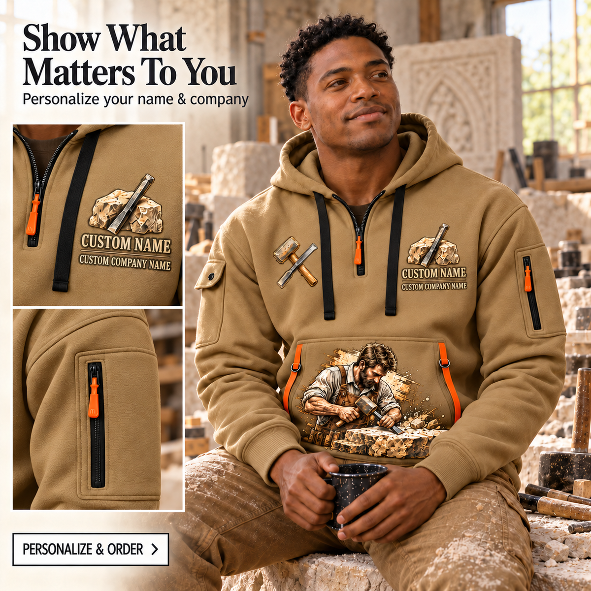Stonemason Masonry Tools Quarter Zip Hoodie Khaki listing hero