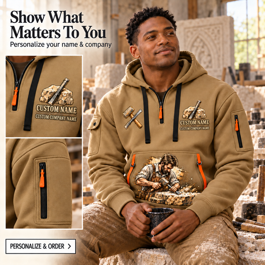Stonemason Masonry Tools Quarter Zip Hoodie Khaki listing hero