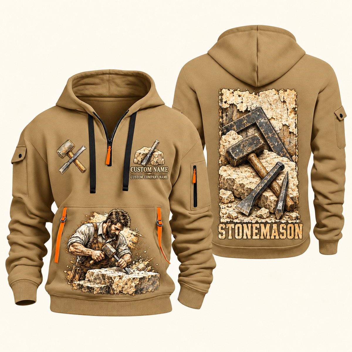 Stonemason Masonry Tools Quarter Zip Hoodie Khaki front and back