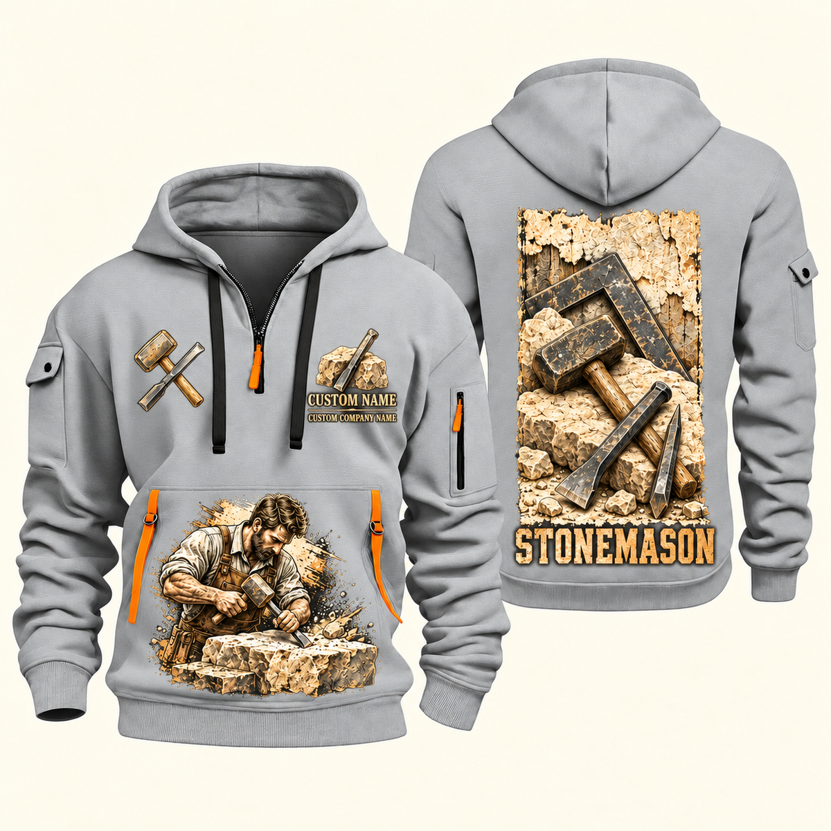 Stonemason Masonry Tools Quarter Zip Hoodie Light Grey front and back