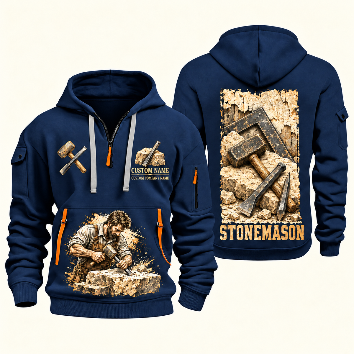 Stonemason Masonry Tools Quarter Zip Hoodie Navy front and back