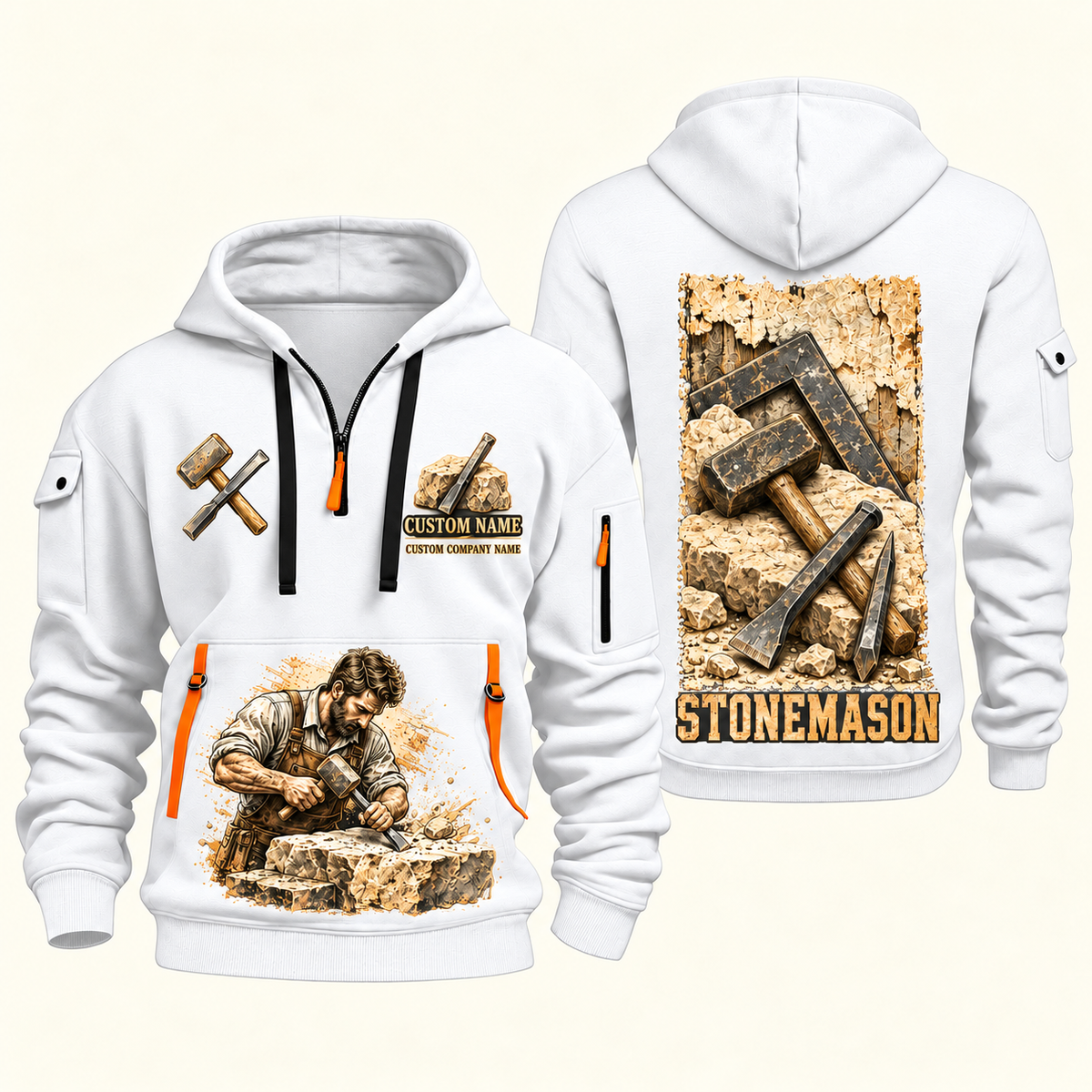 Stonemason Masonry Tools Quarter Zip Hoodie White front and back