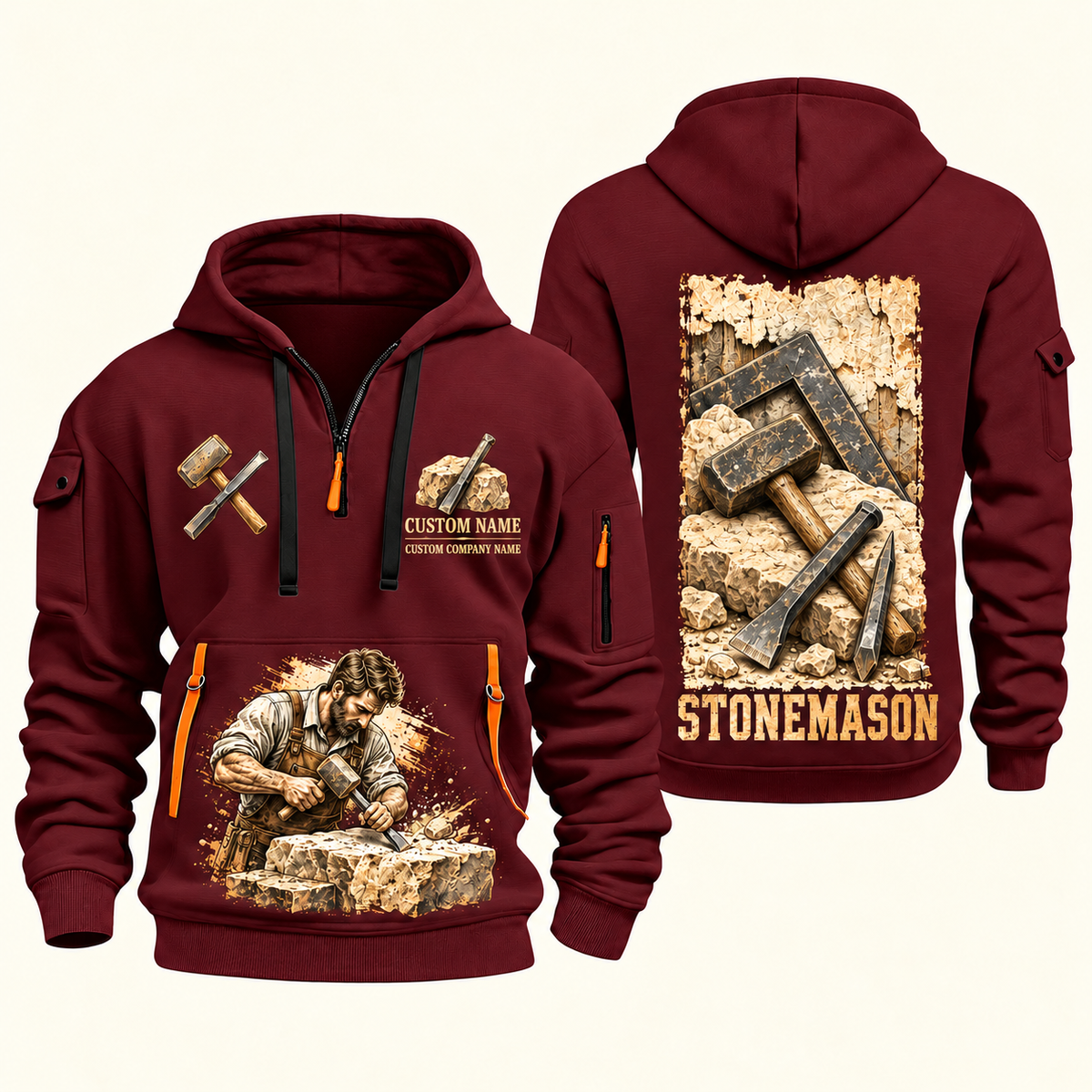 Stonemason Masonry Tools Quarter Zip Hoodie Wine Red front and back