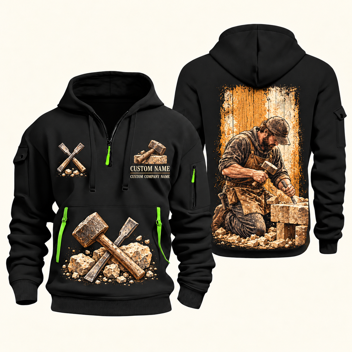 Stonemason Stonework Craft Quarter Zip Hoodie Black front and back