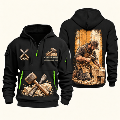 Stonemason Stonework Craft Quarter Zip Hoodie Black front and back