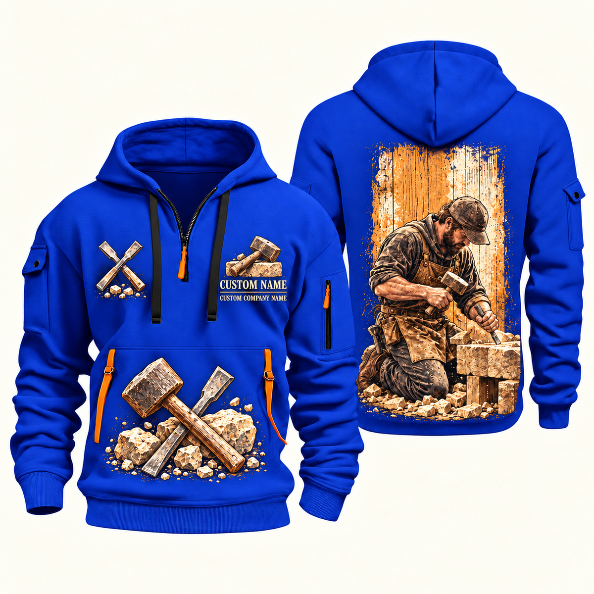 Stonemason Stonework Craft Quarter Zip Hoodie Blue front and back