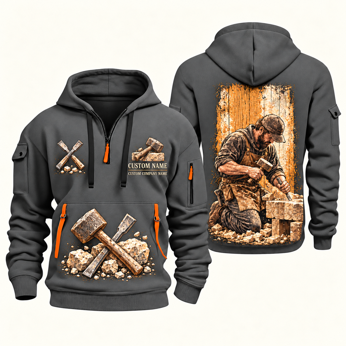 Stonemason Stonework Craft Quarter Zip Hoodie Gray front and back