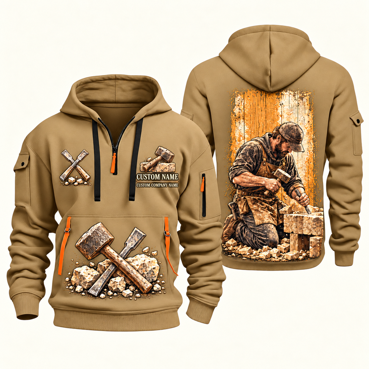 Stonemason Stonework Craft Quarter Zip Hoodie Khaki front and back