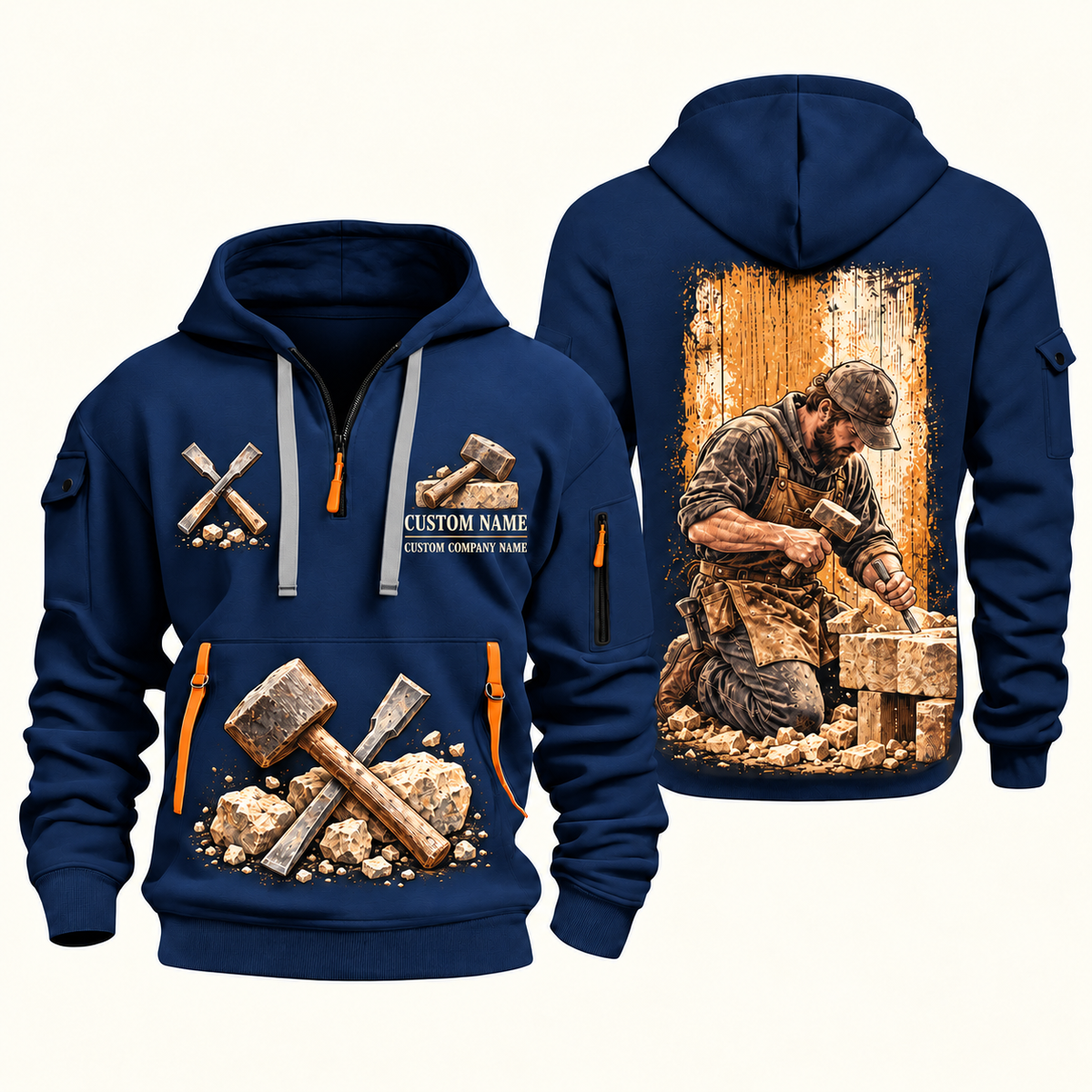 Stonemason Stonework Craft Quarter Zip Hoodie Navy front and back