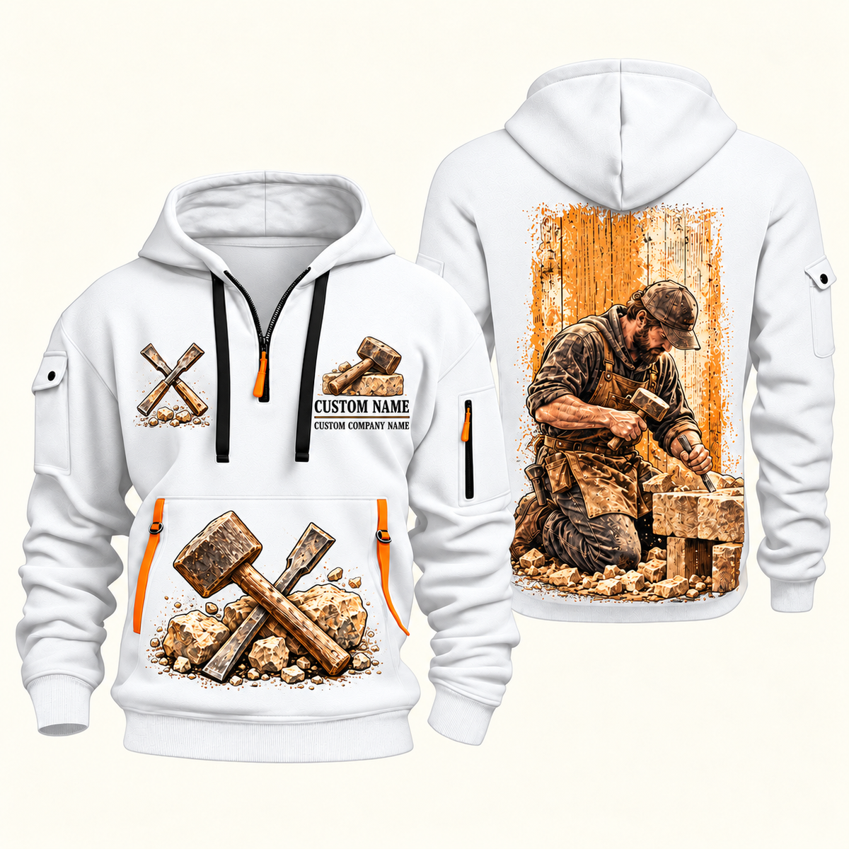 Stonemason Stonework Craft Quarter Zip Hoodie White front and back