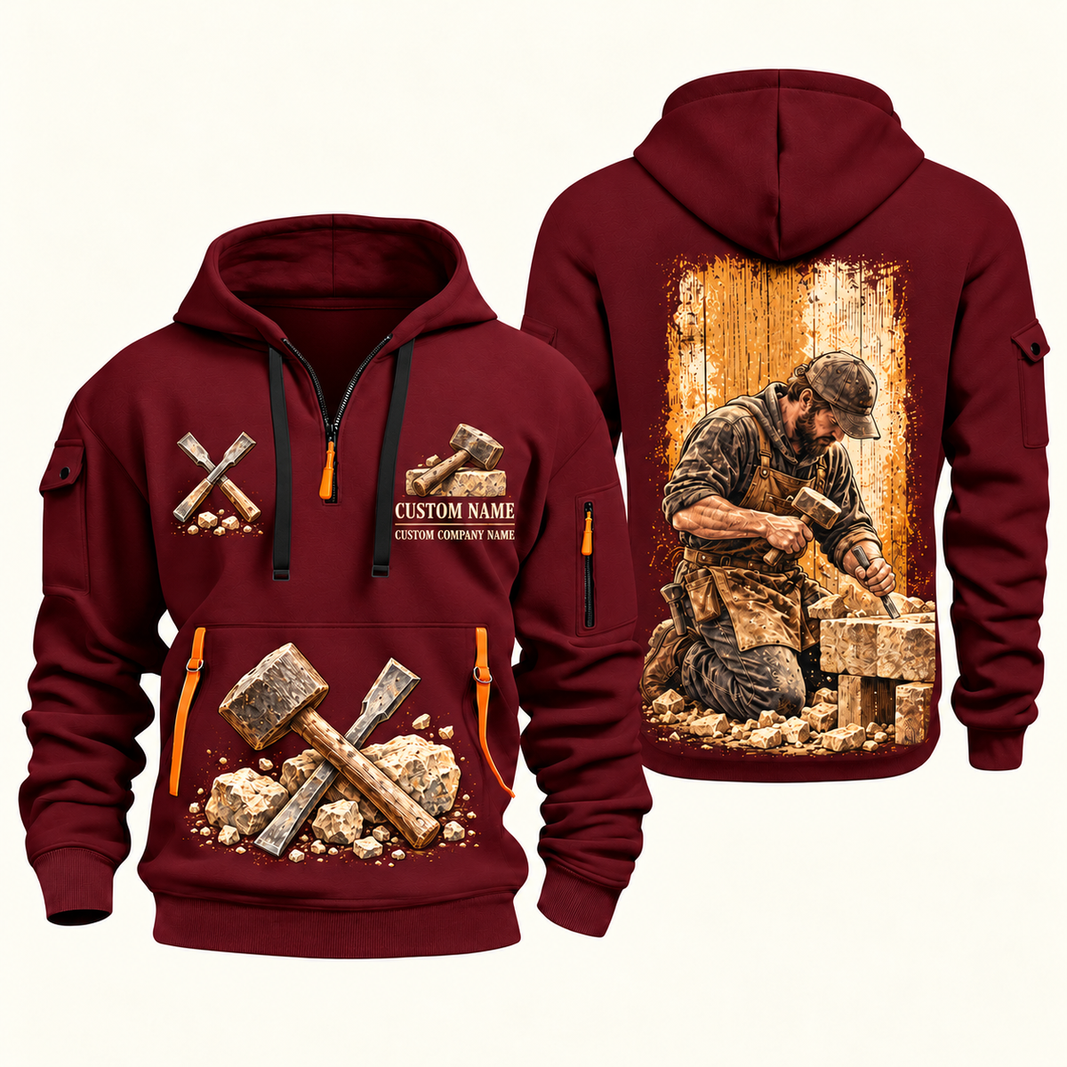 Stonemason Stonework Craft Quarter Zip Hoodie Wine Red front and back
