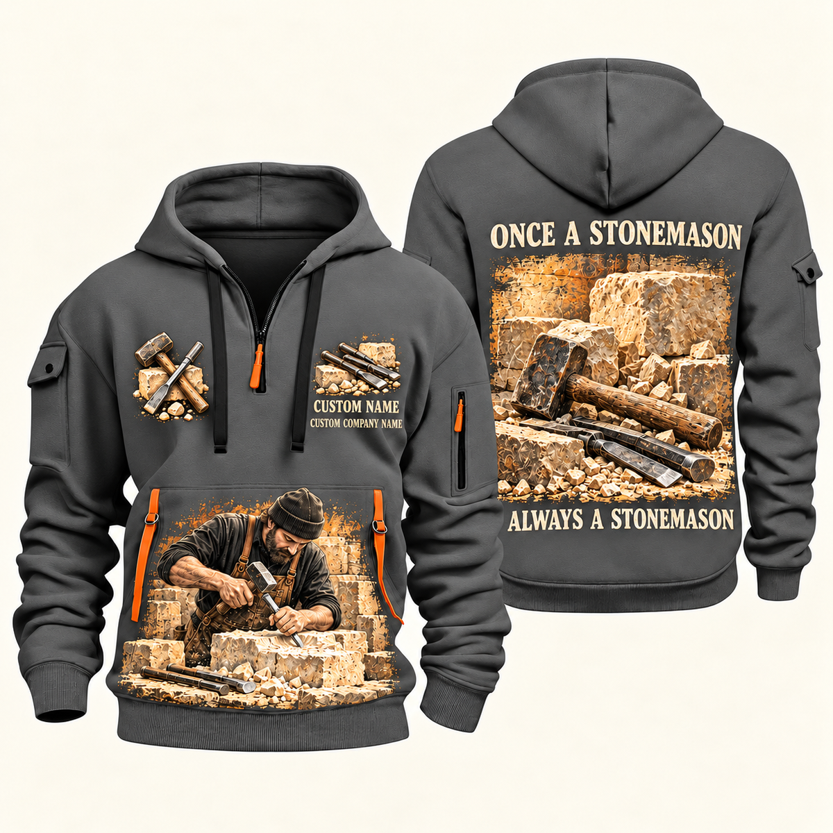 Stonemason Once and Always Quarter Zip Hoodie Gray front and back