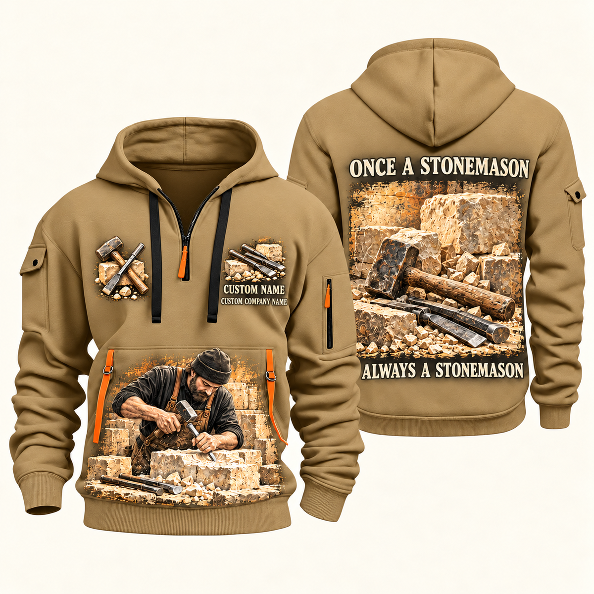 Stonemason Once and Always Quarter Zip Hoodie Khaki front and back
