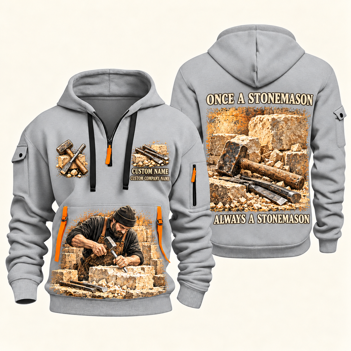 Stonemason Once and Always Quarter Zip Hoodie Light Grey front and back