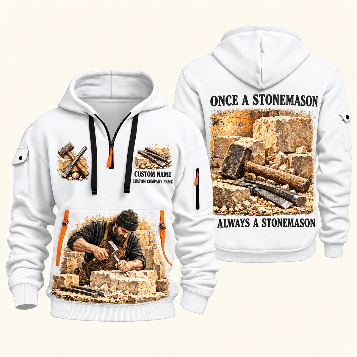 Stonemason Once and Always Quarter Zip Hoodie White front and back