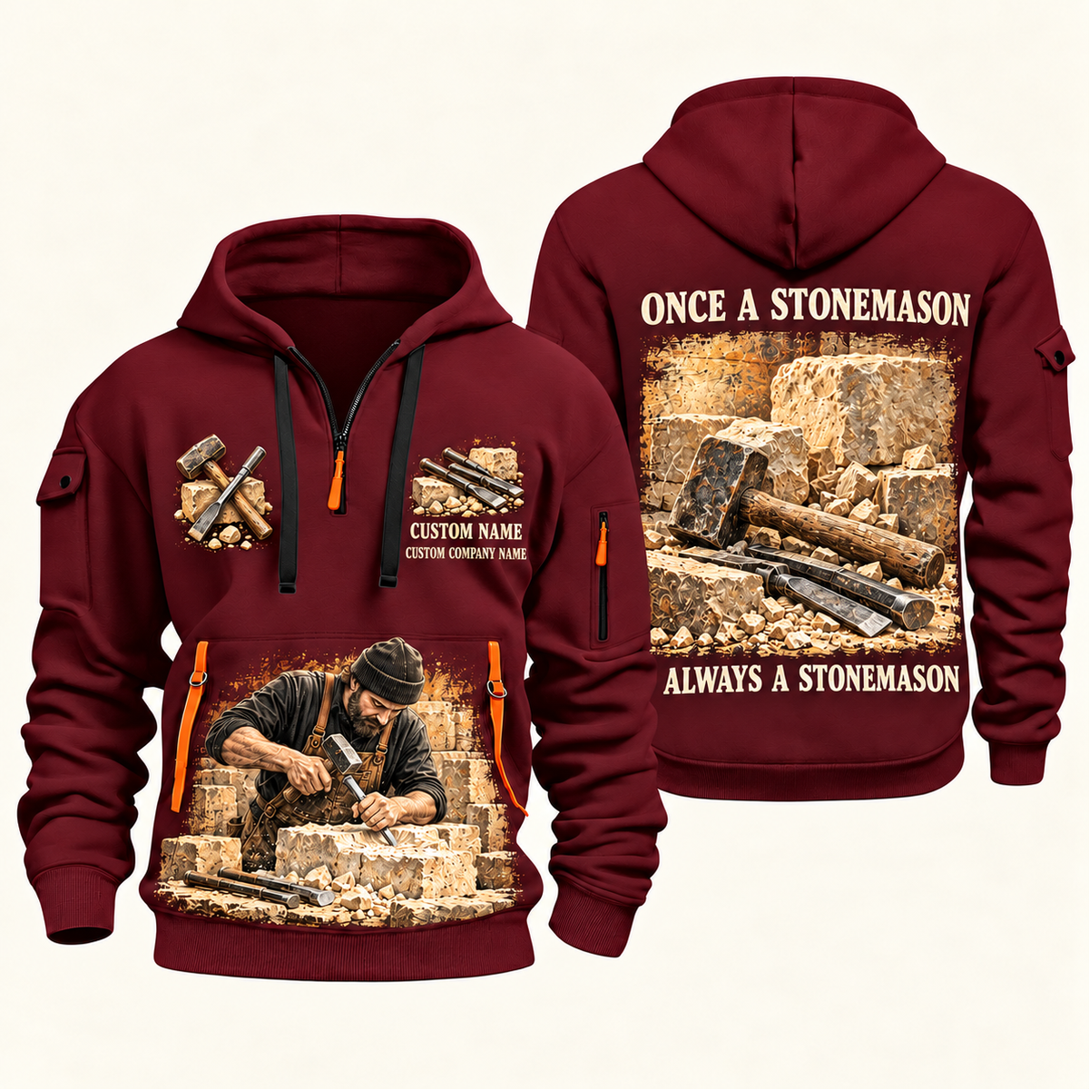 Stonemason Once and Always Quarter Zip Hoodie Wine Red front and back