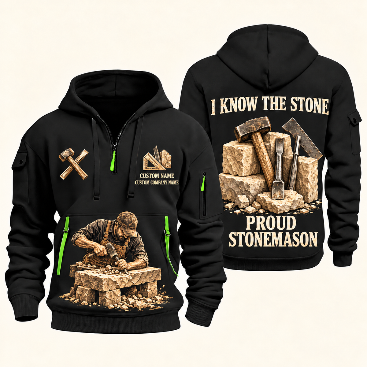 Stonemason Proud Craftsperson Quarter Zip Hoodie Black front and back