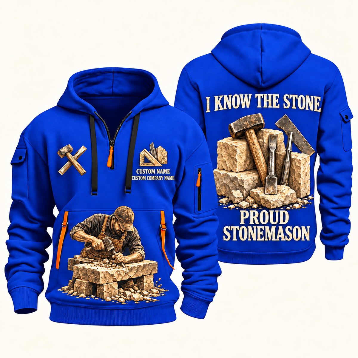 Stonemason Proud Craftsperson Quarter Zip Hoodie Blue front and back