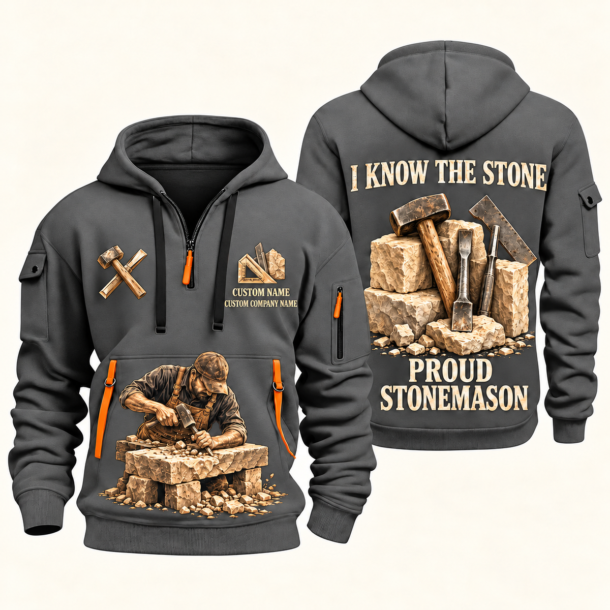 Stonemason Proud Craftsperson Quarter Zip Hoodie Gray front and back