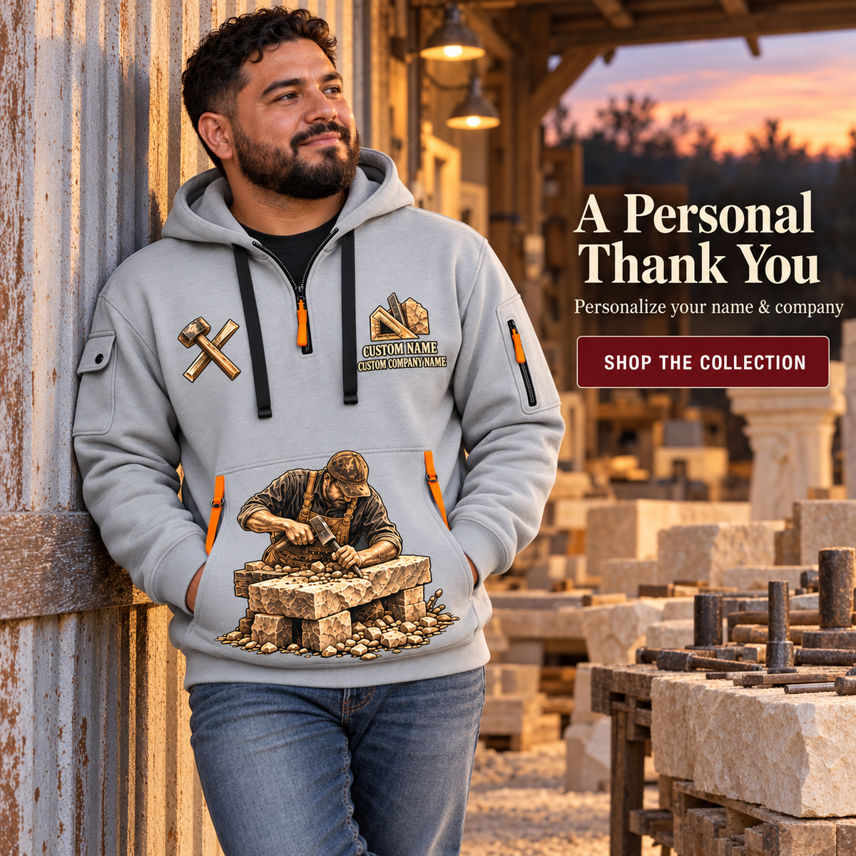 Stonemason Proud Craftsperson Quarter Zip Hoodie Light Grey listing hero